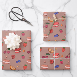 Fruit & French Macaron Pattern Wrapping Paper Sheets