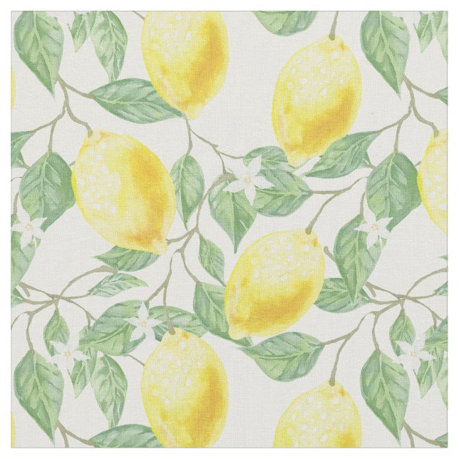 Fruit  garden. Flowers and lemons.  Watercolor Fabric (Close Up)