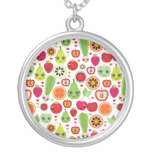 fruit kids illustration apple silver plated necklace