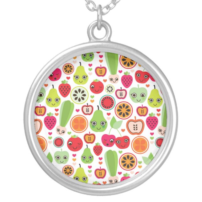fruit kids illustration apple silver plated necklace (Front)