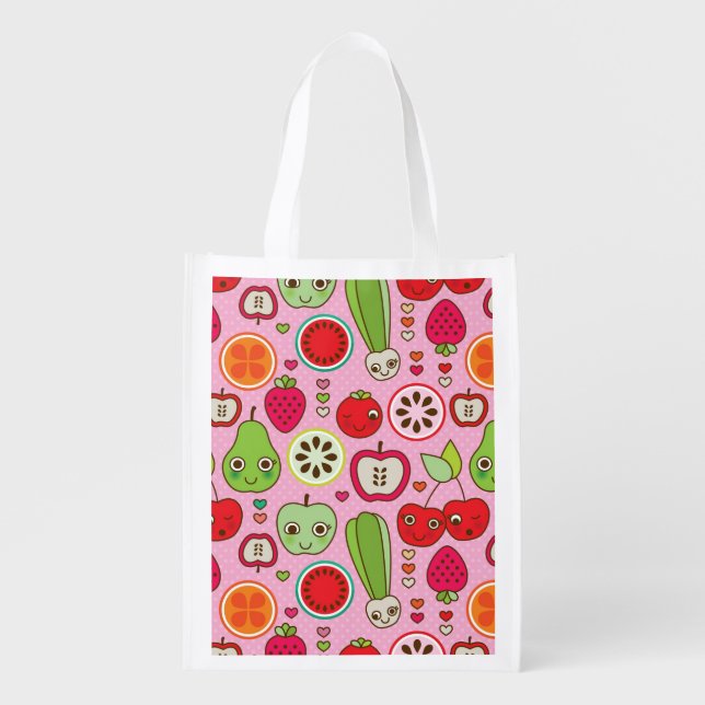 fruit kitchen illustration pattern reusable grocery bag (Front)