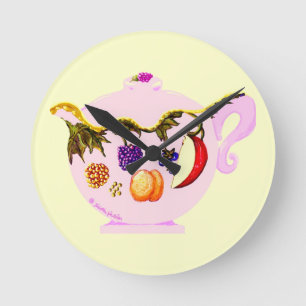 Fruit & Leaves Pink China Teapot Round Wall Clock