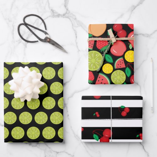 Fruit Limes Cherries Black Bold Stripes Pattern Wrapping Paper Sheets