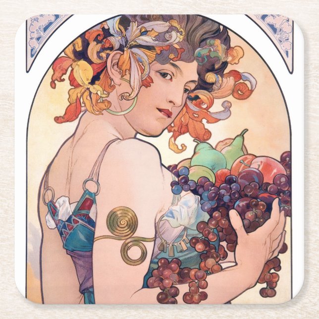 Fruit, Mucha Square Paper Coaster (Front)