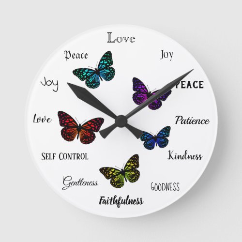 Fruit of the Spirit Christian Virtues Butterfly Round Clock