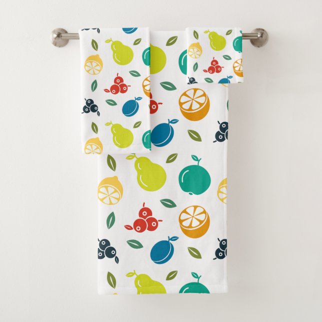 Fruit Pattern, Plum, Orange, Lemon, Pear, Apple Bath Towel Set (Insitu)