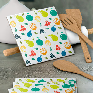 Fruit Pattern, Plum, Orange, Lemon, Pear, Apple Ceramic Tile