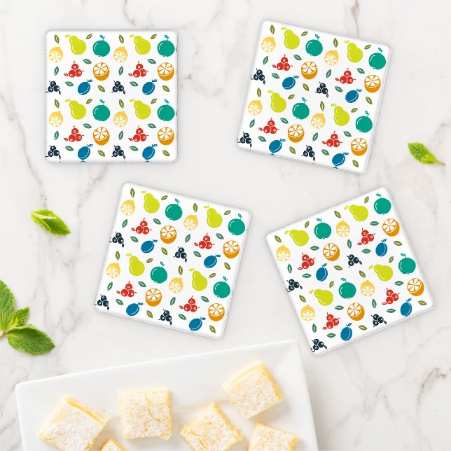 Fruit Pattern, Plum, Orange, Lemon, Pear, Apple Coaster Set (In Situ)