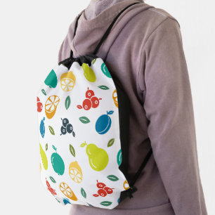 Fruit Pattern, Plum, Orange, Lemon, Pear, Apple Drawstring Bag