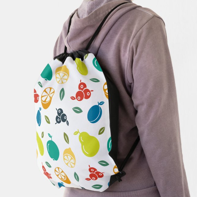Fruit Pattern, Plum, Orange, Lemon, Pear, Apple Drawstring Bag (Insitu)