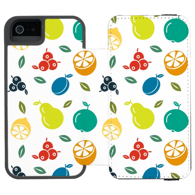 Fruit Pattern, Plum, Orange, Lemon, Pear, Apple Incipio iPhone Wallet Case (Folio Open)