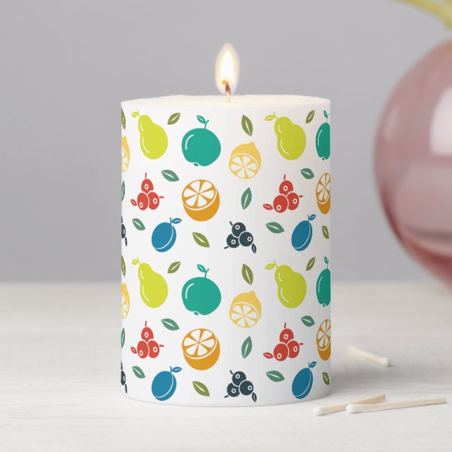 Fruit Pattern, Plum, Orange, Lemon, Pear, Apple Pillar Candle (In Situ)