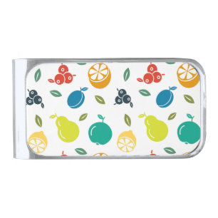 Fruit Pattern, Plum, Orange, Lemon, Pear, Apple Silver Finish Money Clip