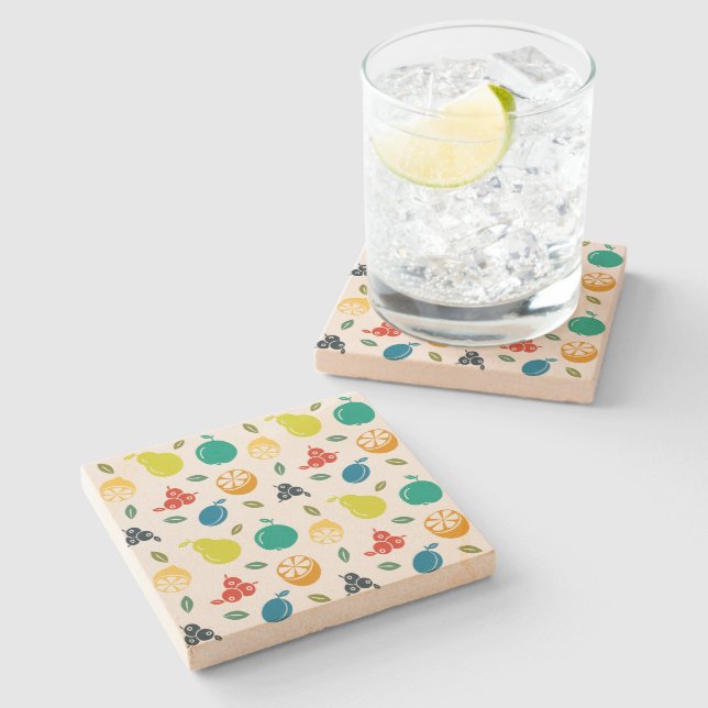 Fruit Pattern, Plum, Orange, Lemon, Pear, Apple Stone Coaster (Side)