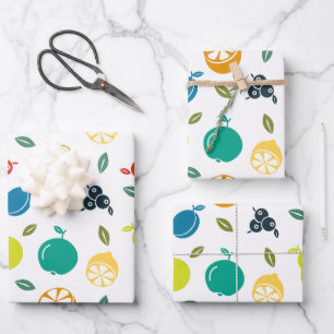Fruit Pattern, Plum, Orange, Lemon, Pear, Apple Wrapping Paper Sheets