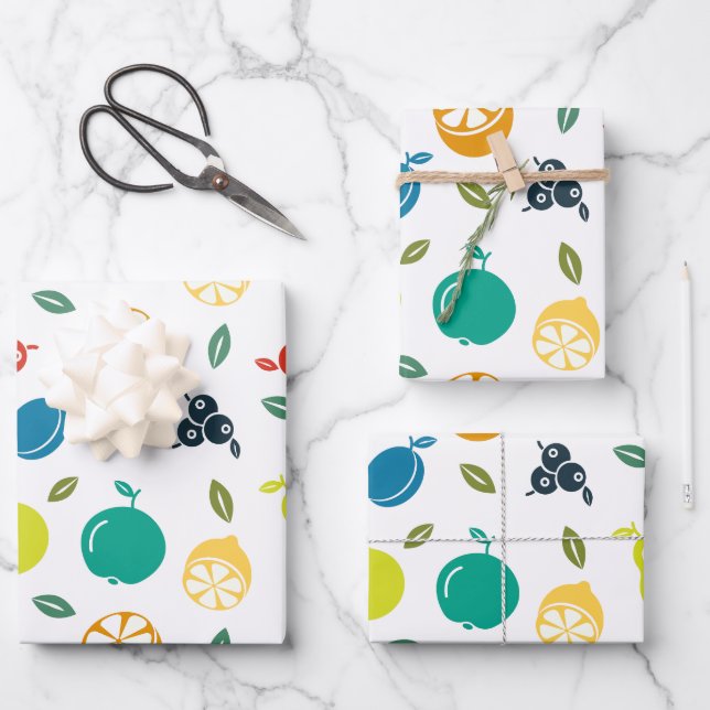 Fruit Pattern, Plum, Orange, Lemon, Pear, Apple Wrapping Paper Sheets (Front)
