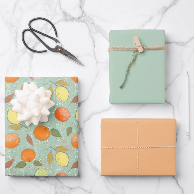 Fruit pattern with lemons, oranges wrapping paper sheets (Front)