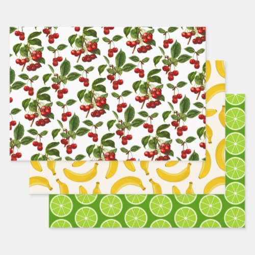 Fruit Patterns Cherries Bananas  Lime Slices Wr Wrapping Paper Sheets