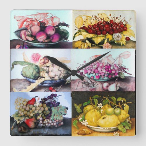 Fruit Plates CherriesLemonsGrapes Artichokes Square Wall Clock