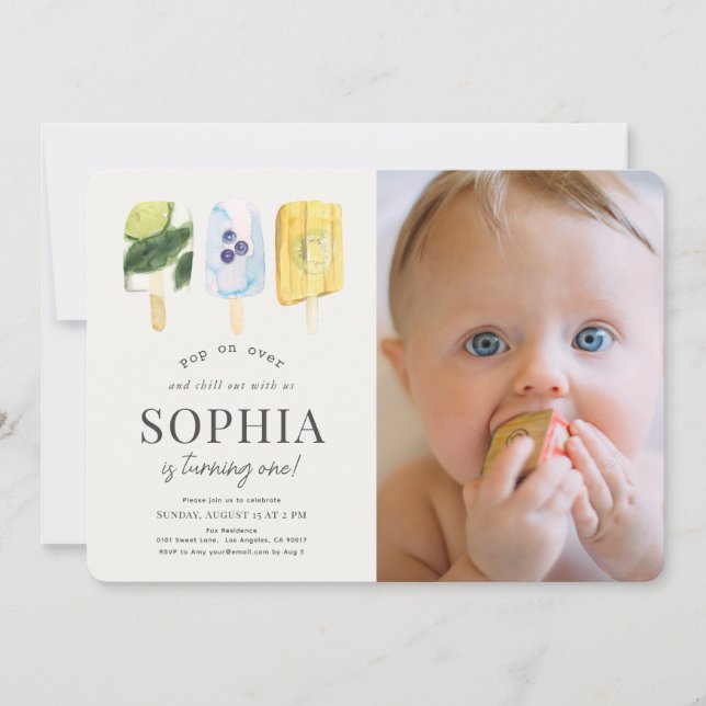 Fruit Popsicle Watercolor 1st Birthday Photo Invitation (Front)
