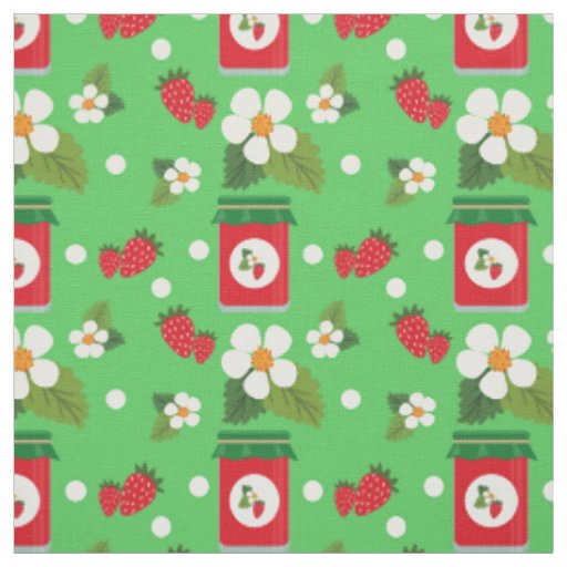 Fruit print strawberry flowers jam green fabric