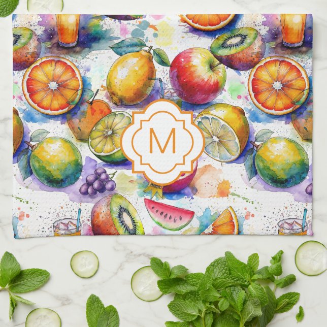Fruit Punch Watercolor Pattern Personalized Kitchen Towel (Folded)