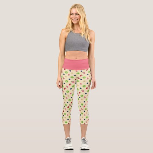 Fruit Salad With Yellow and Coral Pink Waist Capri Leggings