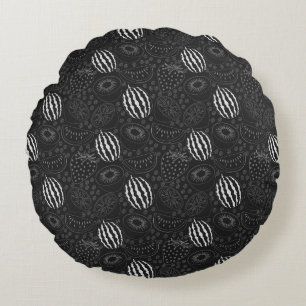 Fruit seamless pattern black and white Tropical Round Pillow
