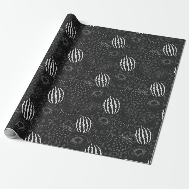 Fruit seamless pattern black and white Tropical Wrapping Paper (Unrolled)