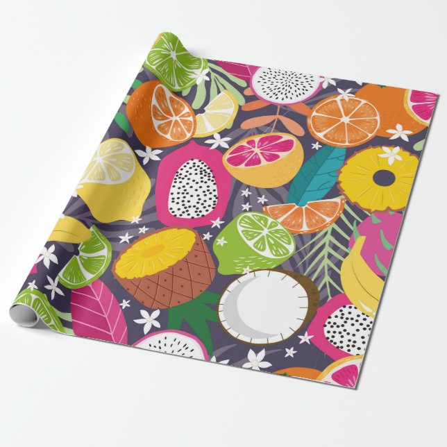 Fruit seamless pattern, collection of exotic tropi wrapping paper (Unrolled)