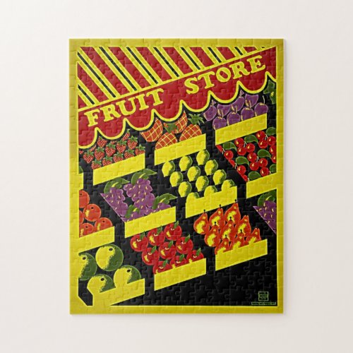 Fruit Store _ Bright Red Yellow Vintage WPA Poster Jigsaw Puzzle