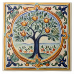Fruit Tree Mediterranean Italian Rural Folk Art Ceramic Tile<br><div class="desc">summery sicilian ceramic tile, italian hand painted pattern, mediterranean fruit tree portuguese, dark blue orange citrus nature, summer spring farming countryside, orchard fruits floral farm, authentic classic traditional agrucultural, vintage antique rustic country, folk art spanish rural agriculture, cream green yellow grove</div>