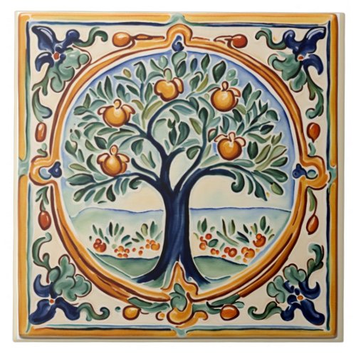 Fruit Tree Mediterranean Italian Rural Folk Art Ceramic Tile