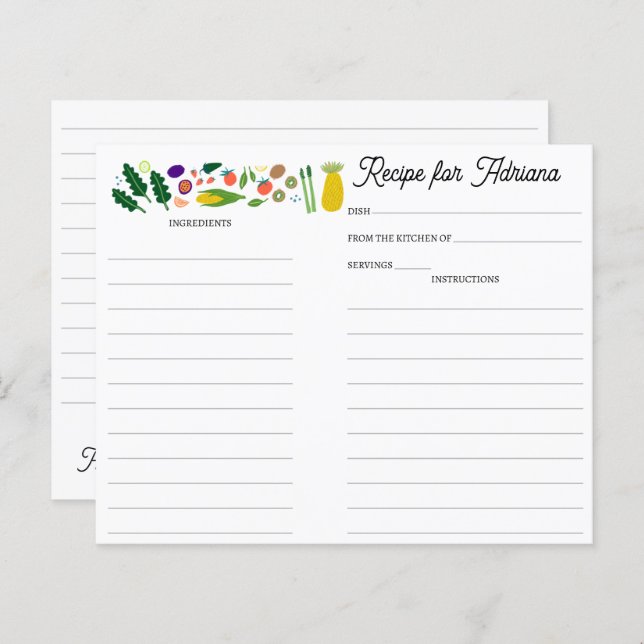 Fruit Veggies CUSTOM Bridal Shower Recipe Card (Front/Back)
