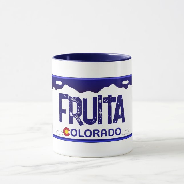 Fruita Colorado blue license plate mug (Center)