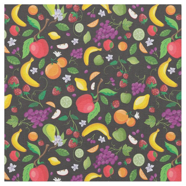 Fruitopia Print, Fresh Fruit on Black Ground Fabri Fabric (Close Up)