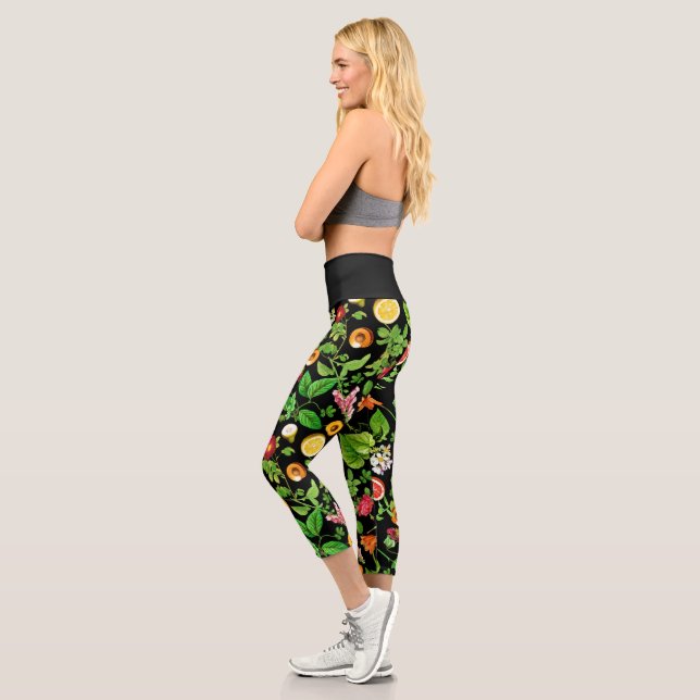 Fruits And Leaves Pattern On Black Capri Leggings (Left)