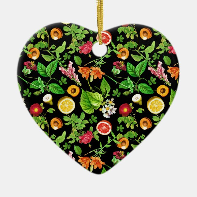 Fruits And Leaves Pattern On Black Ceramic Ornament (Front)