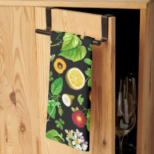 Fruits And Leaves Pattern On Black Kitchen Towel