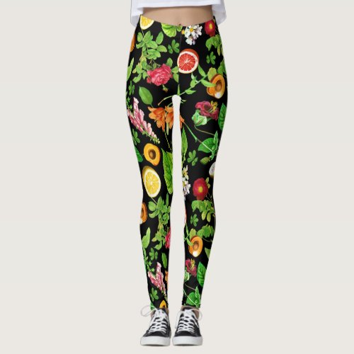 Fruits And Leaves Pattern On Black Leggings