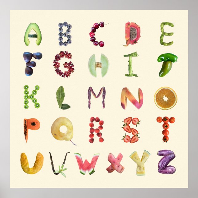 Fruits and Vegetables Alphabet Art - Healthy Foods Poster (Front)