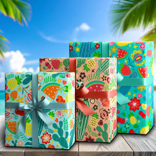 Fruits & Cactus Coastal Festival Sunny Vibes Wrapping Paper Sheets