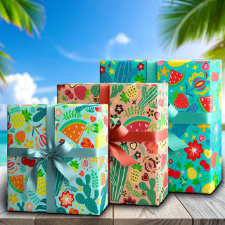 Fruits & Cactus Coastal Festival Sunny Vibes Wrapping Paper Sheets