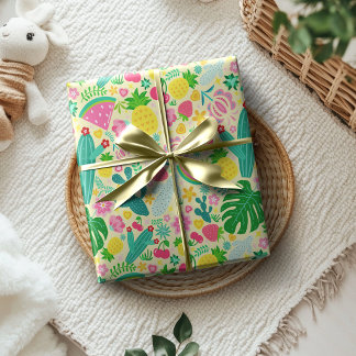 Fruits & Cactus Tropical Festival Soft Yellow Wrapping Paper