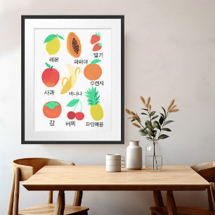Fruits Flash Cards Korean Language Fruity Fun Poster