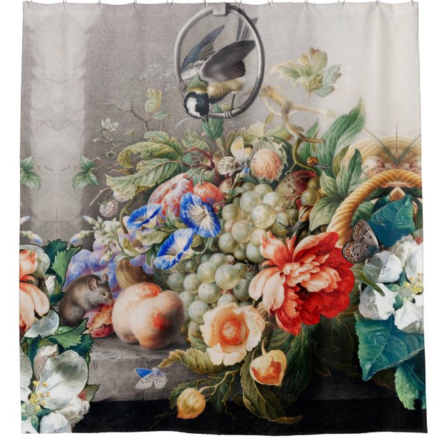 FRUITS ,FLOWERS,GRAPES ,PEACHES AND LITTLE BIRD SHOWER CURTAIN (Front)