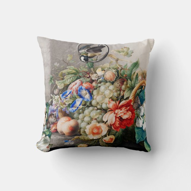 FRUITS ,FLOWERS,GRAPES ,PEACHES AND LITTLE BIRD THROW PILLOW (Front)