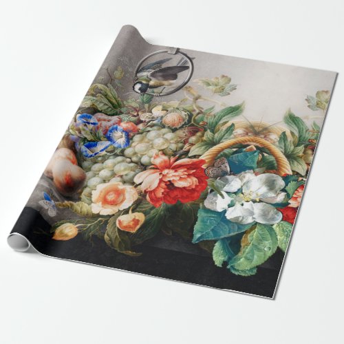 FRUITS FLOWERSGRAPES PEACHES AND LITTLE BIRD WRAPPING PAPER