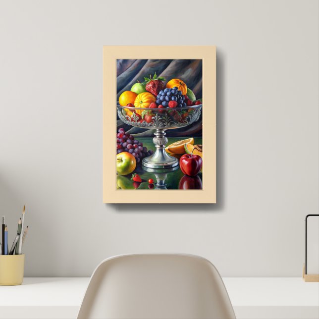 Fruits Glass bowl Strawberries Bananas Oranges Gra Framed Art (Home Office)