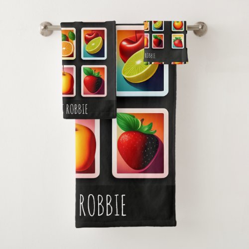 Fruits in squared box Red Green Pattern Bath Towel Set